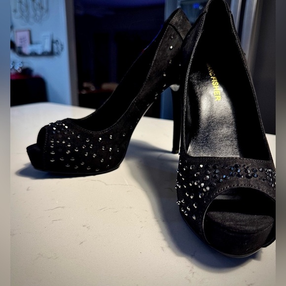Marc Fisher Black suede with black beading Peep-Toe Platform 4.5-5 inch Heels - Picture 3 of 10